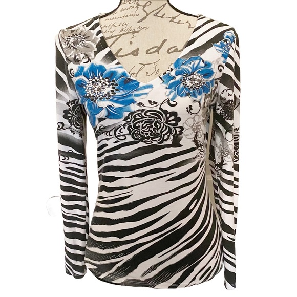 CACHE Zebra Print Floral Long Sleeve Shirt Size Medium - Picture 10 of 10